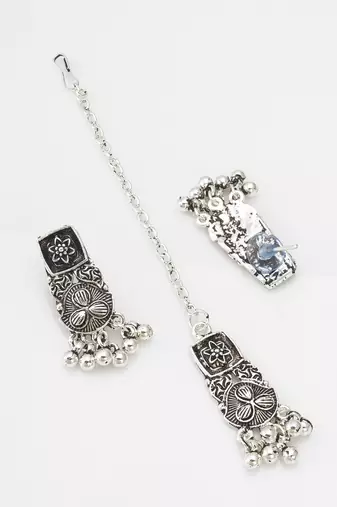 oxidized silver floral panel choker necklace set with ghungroo drops, earrings and maang tikka