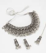 oxidized silver floral motif broad choker necklace set with ghungroo fringe, earrings and maang tikka for navratri