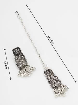 oxidized silver floral panel choker necklace set with ghungroo drops, earrings and maang tikka 4