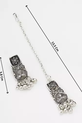 oxidized silver floral panel choker necklace set with ghungroo drops, earrings and maang tikka