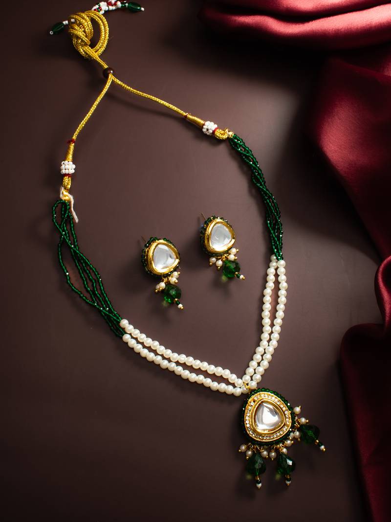 gold plated green beaded necklace set