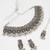 oxidized silver leaf and teardrop panel choker necklace set with ghungroo drops, earrings and maang tikka