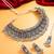 oxidized silver floral motif broad choker necklace set with ghungroo fringe, earrings and maang tikka for navratri
