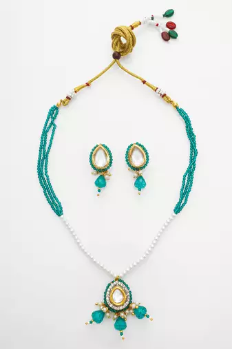 gold plated teal beaded necklace set