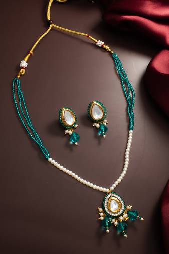 gold plated teal beaded necklace set
