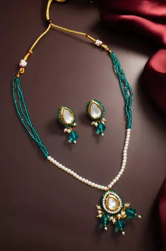 gold plated teal beaded necklace set