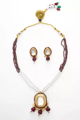 gold plated maroon beaded necklace set