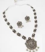 oxidized silver floral leaf chain necklace set with stone accents, circular pendant and ghungroo earrings