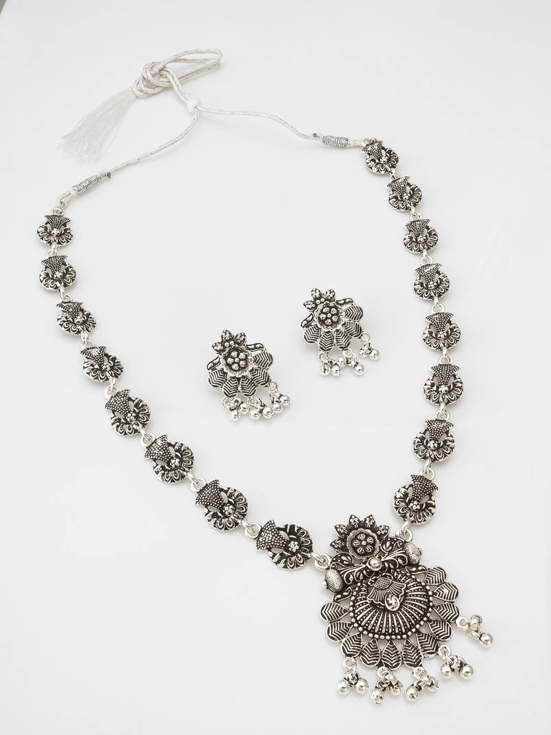 oxidized silver layered floral necklace set with ghungroo pendant and stud earrings