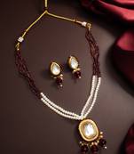 gold plated maroon beaded necklace set