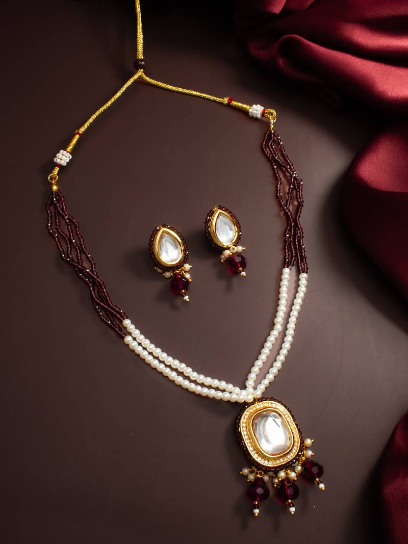 gold plated maroon beaded necklace set
