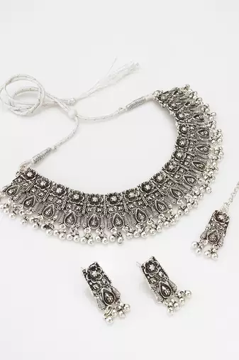 navratri special oxidized silver broad choker necklace set with ghungroo fringe, earrings and maang tikka