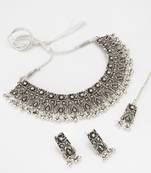 navratri special oxidized silver broad choker necklace set with ghungroo fringe, earrings and maang tikka