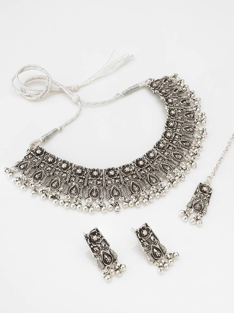 navratri special oxidized silver broad choker necklace set with ghungroo fringe, earrings and maang tikka