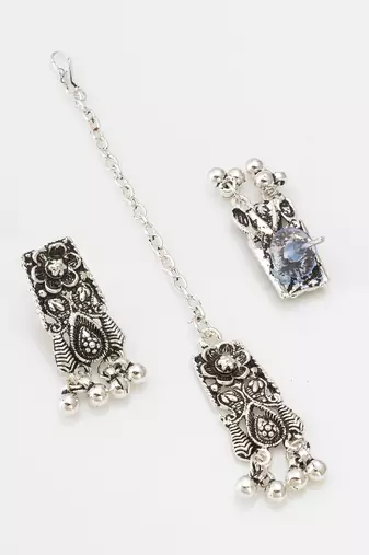 navratri special oxidized silver broad choker necklace set with ghungroo fringe, earrings and maang tikka