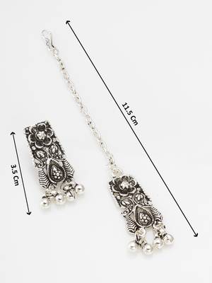 navratri special oxidized silver broad choker necklace set with ghungroo fringe, earrings and maang tikka 4