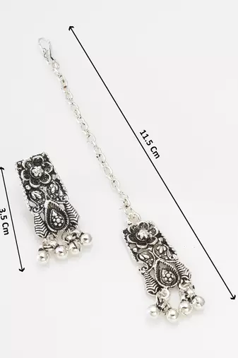 navratri special oxidized silver broad choker necklace set with ghungroo fringe, earrings and maang tikka
