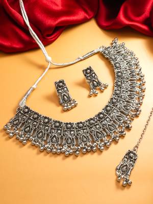 navratri special oxidized silver broad choker necklace set with ghungroo fringe, earrings and maang tikka 5