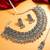 navratri special oxidized silver broad choker necklace set with ghungroo fringe, earrings and maang tikka