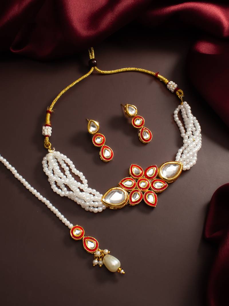 red white kundan choker set