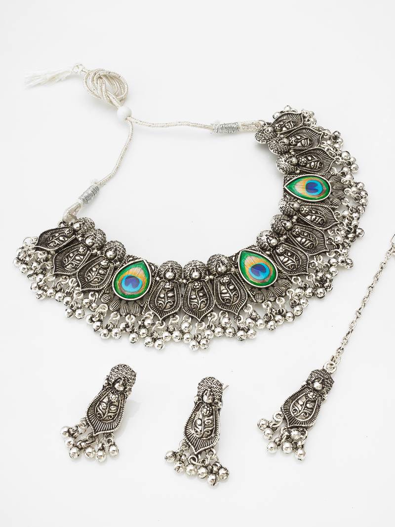 oxidized silver leaf choker necklace set with ghungroo drops, earrings and maang tikka