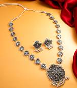 navratri special oxidized silver-tone floral pendant necklace set with earrings