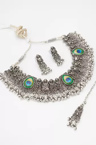 oxidized silver choker necklace set with peacock feather, ghungroo drops, earrings and maang tikka