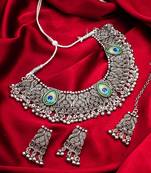Oxidized Silver Floral Choker Set with Ghungroo Drops & Maang Tikka