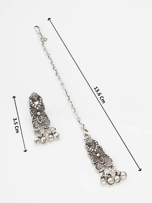 oxidized silver choker necklace set with peacock feather, ghungroo drops, earrings and maang tikka 5