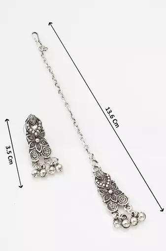 oxidized silver choker necklace set with peacock feather, ghungroo drops, earrings and maang tikka