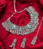 oxidized silver choker necklace set with peacock feather, ghungroo drops, earrings and maang tikka