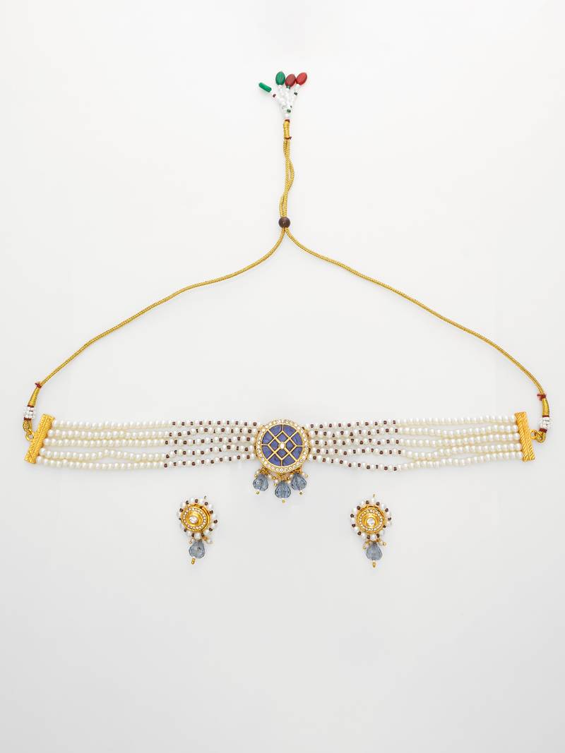 gold plated blue kundan choker set