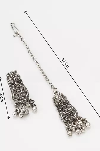 oxidized silver floral choker necklace set with ghungroo drops, earrings and maang tikka