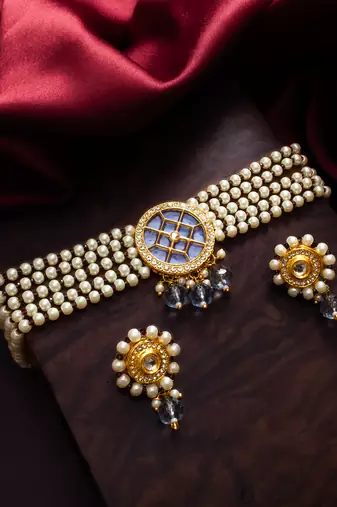 gold plated blue kundan choker set
