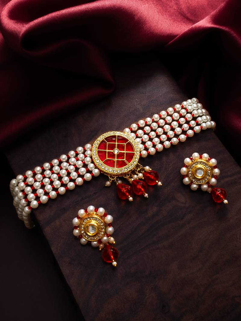 red beaded kundan choker set