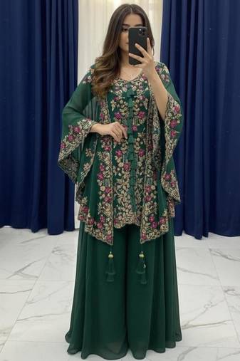 Dark green faux georgette embroidered palazzo set