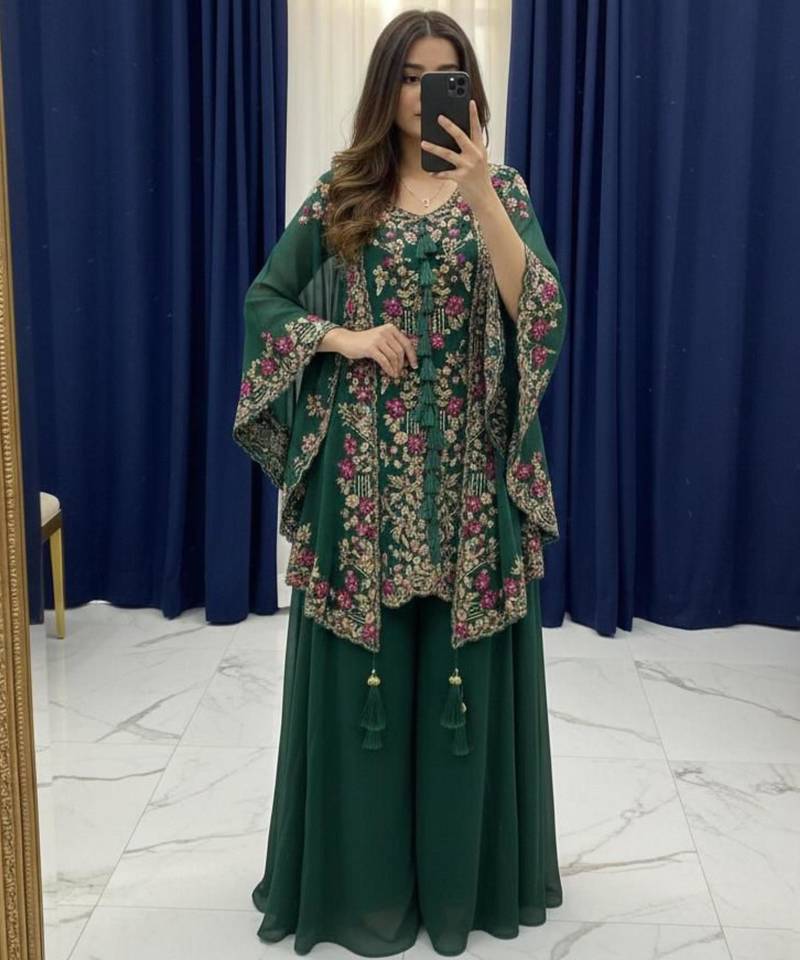 Dark green faux georgette embroidered palazzo set