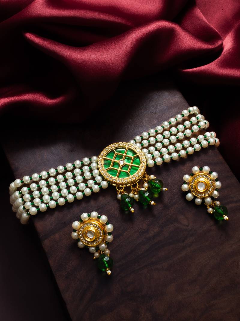 gold plated green white choker set
