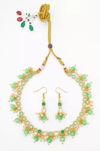 green beaded kundan necklace set