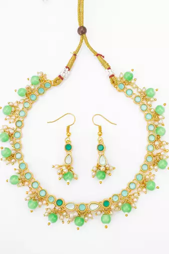 green beaded kundan necklace set