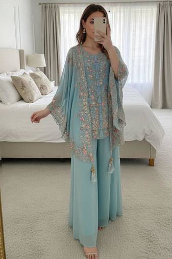 Blue faux georgette embroidered palazzo set