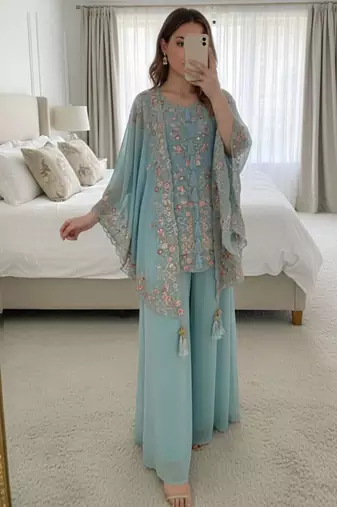 Blue faux georgette embroidered palazzo set