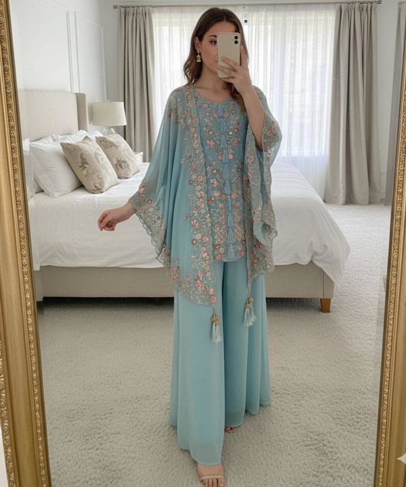 Blue faux georgette embroidered palazzo set