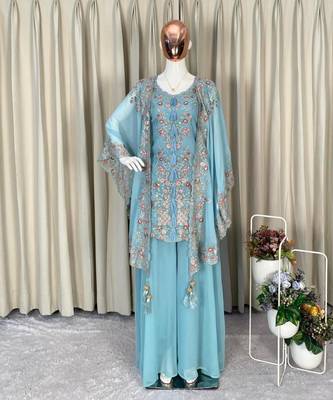 Blue faux georgette embroidered palazzo set 2