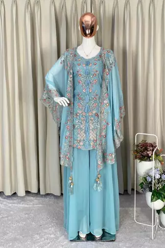 Blue faux georgette embroidered palazzo set