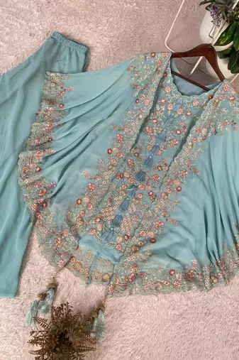Blue faux georgette embroidered palazzo set