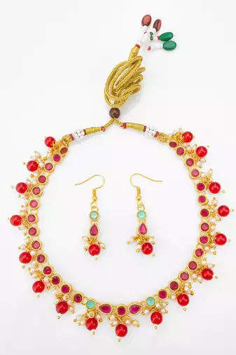 gold plated red beaded choker set