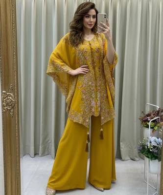 Mustard faux georgette embroidered palazzo set 1