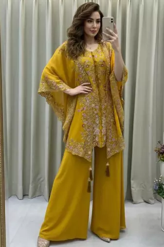 Mustard faux georgette embroidered palazzo set
