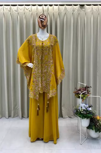Mustard faux georgette embroidered palazzo set